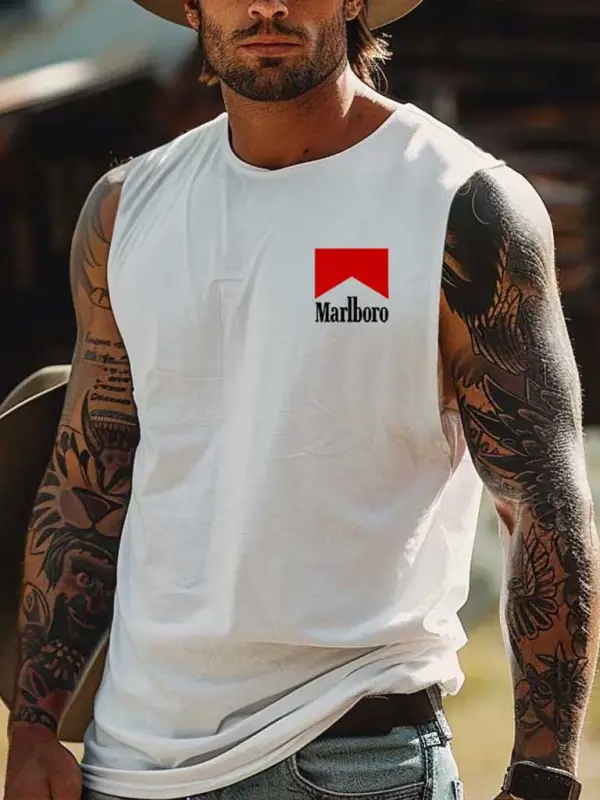Marlboro Men's Vintage Western Cowboy Racing Rodeo Graphic Print Sleeveless Tank Top - Simplyion.com 