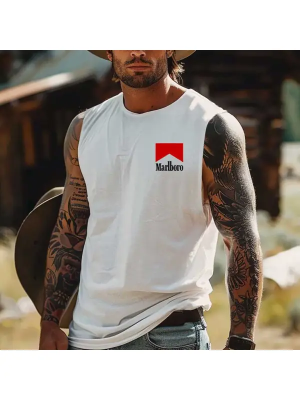 Men's Vintage Western Cowboy Racing Rodeo Graphic Print Round Neck Sleeveless Muscle Tank Top - Aptkoi.com 