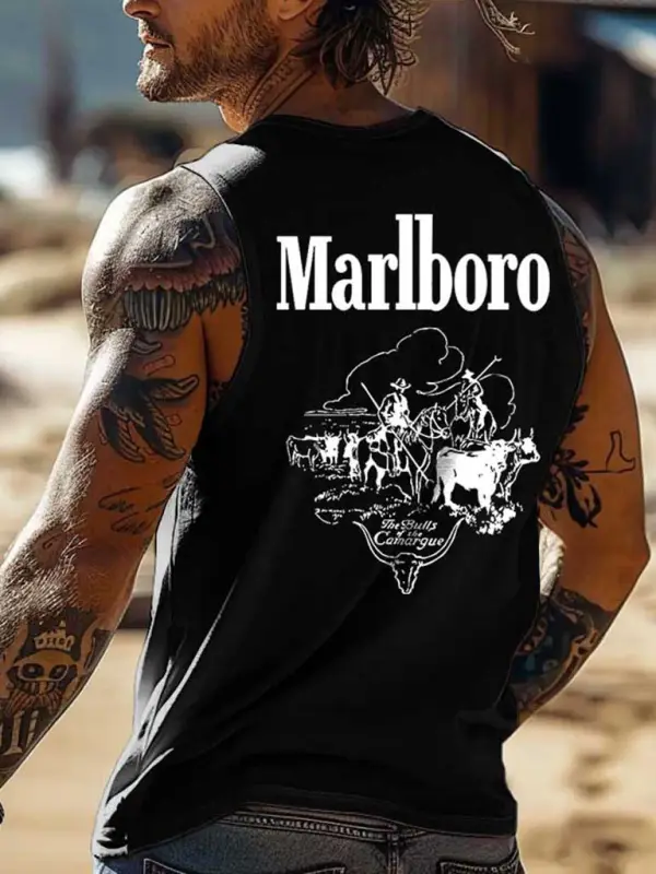 Marlboro Men's Vintage Cowboy The Bulls Of The Camargue Rodeo Sleeveless Muscle Tank Top - Menwyx.com 