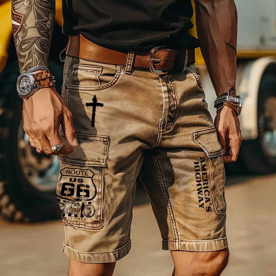 

Men's Vintage Route 66 America's Highway Road Trip Print Multi-Pocket Cargo Shorts