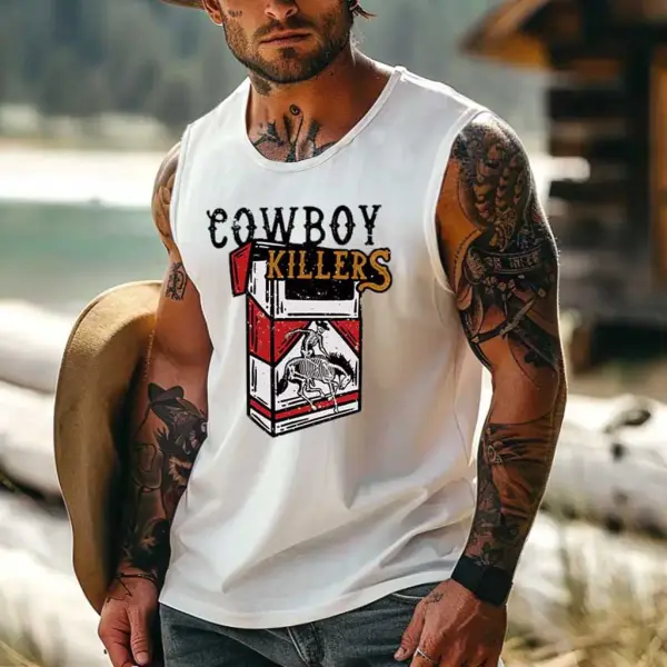 Men's Vintage Western Cowboy C Pack Killers Rodeo Graphic Print Round Neck Sleeveless Muscle Tank Top - Rabclub.com 