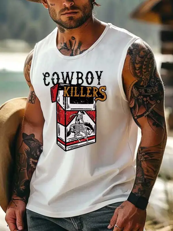 Men's Vintage Western Cowboy C Pack Killers Rodeo Graphic Print Round Neck Sleeveless Muscle Tank Top - Menbarn.com 