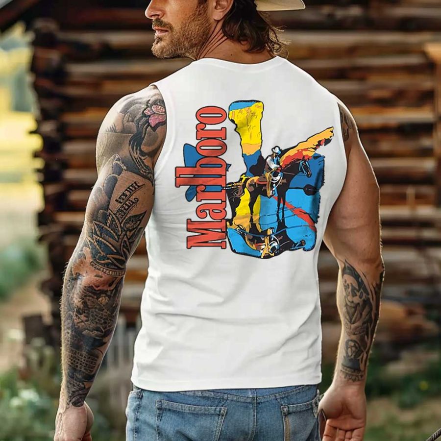 

Men's Vintage Western Cowboy Ringer Leadlight Rodeo Graphic Print Round Neck Sleeveless Muscle Tank Top