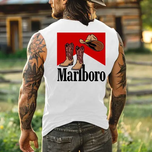 Men's Vintage Western Cowboy Hat N Boots Rodeo Graphic Print Round Neck Sleeveless Muscle Tank Top - Rabclub.com 
