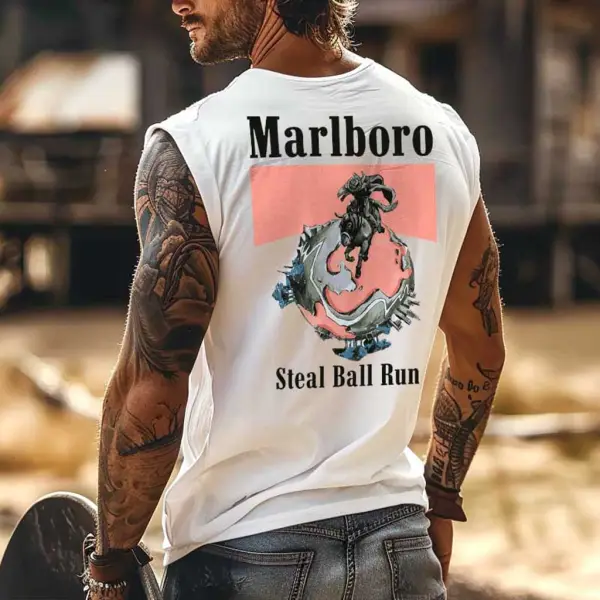 Men's Vintage Western Cowboy Steal Ball Run Rodeo Graphic Print Round Neck Sleeveless Muscle Tank Top - Wayrates.com 