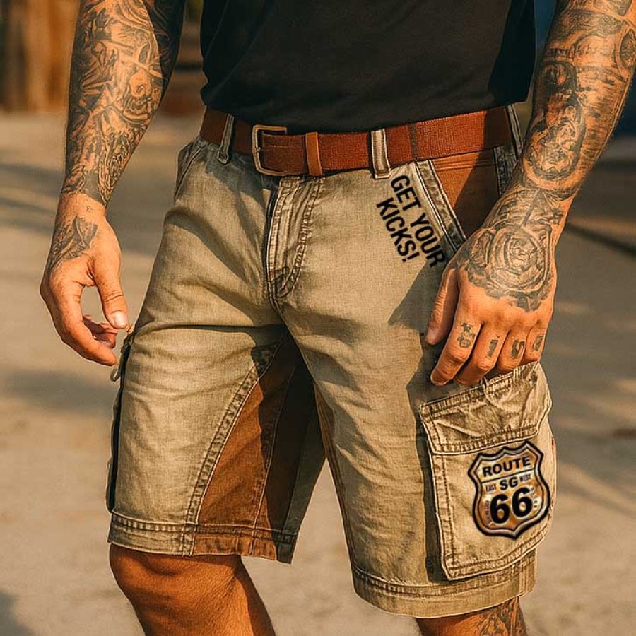 

Men's Vintage Get Your Kicks On Route 66 Road Trip Print Color Block Multi-Pocket Cargo Shorts