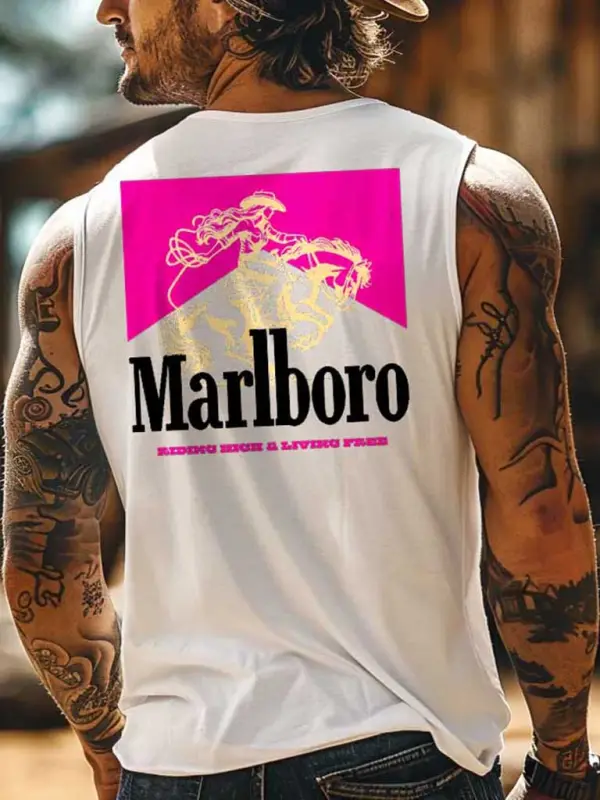 Men's Vintage Western Cowboy Riding High Living Free Rodeo Graphic Print Round Neck Sleeveless Muscle Tank Top - Wantbright.com 