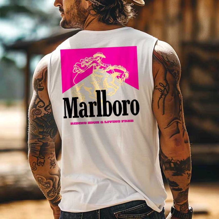

Men's Vintage Western Cowboy Riding High Living Free Rodeo Graphic Print Round Neck Sleeveless Muscle Tank Top