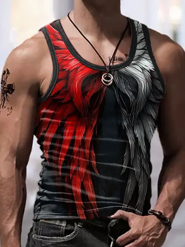 Men's Vintage Bold Angel Wings Tank Top With Red And Black Feathers - Pragmaace.com 