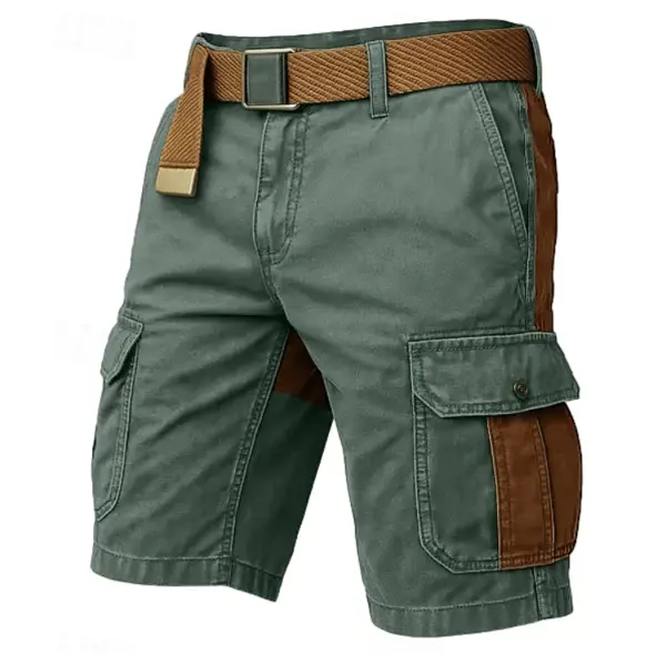 Men's Vintage Green Cargo Shorts With Brown Patches - Rabclub.com 