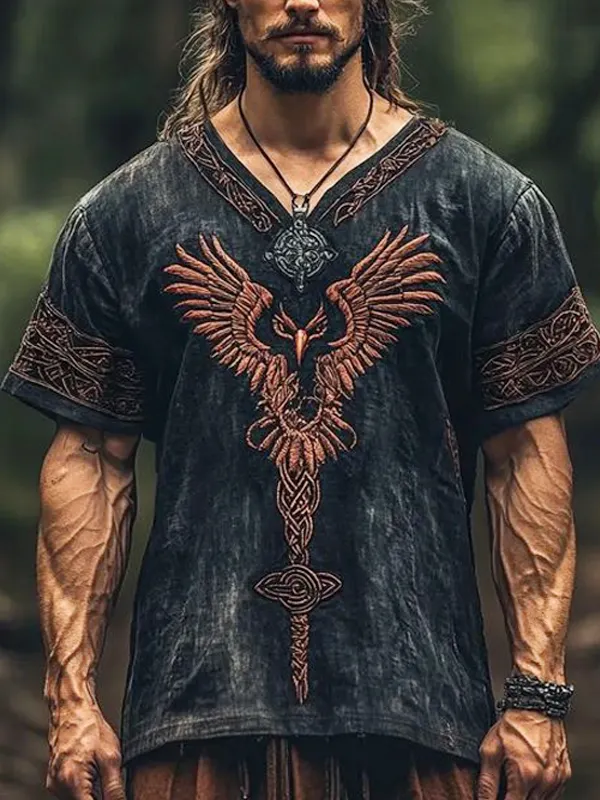 Viking-Inspired T-Shirt With Intricate Phoenix Design For Men - Wantbright.com 
