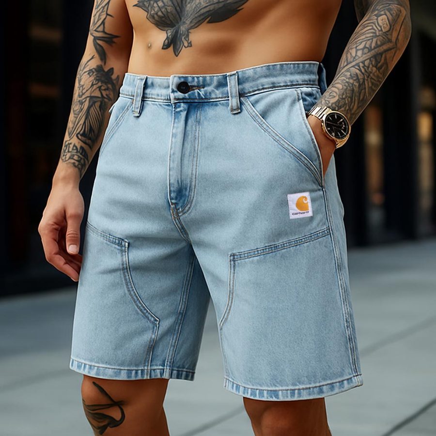 

Men's Vintage Surfing Denim Double Knee Shorts Cargo Work Outdoor