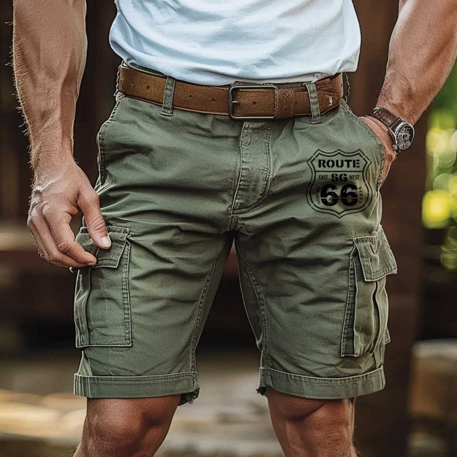 

Men's Vintage Route 66 America's Highway Road Trip Print Multi-Pocket Army Green Cargo Shorts