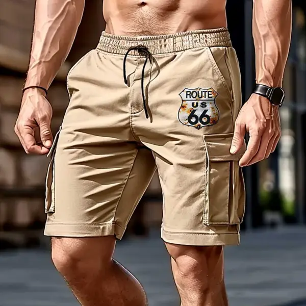 Men's Vintage Route 66 America's Highway Road Trip Print Multi-Pocket Cargo Shorts - Cotosen.com 