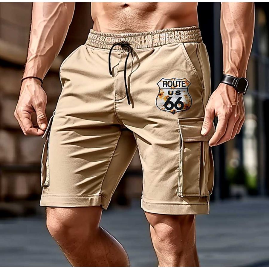 

Men's Vintage Route 66 America's Highway Road Trip Print Multi-Pocket Cargo Shorts