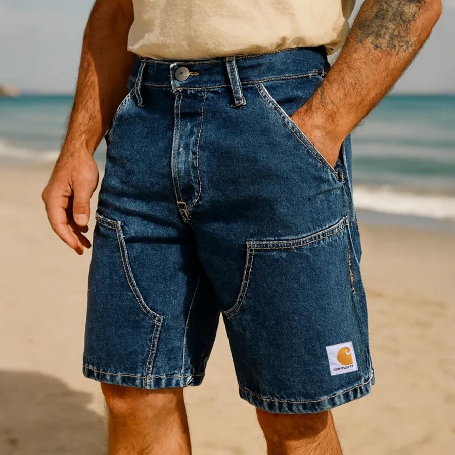 

Men's Vintage Surfing Denim Double Knee Shorts Cargo Work Outdoor
