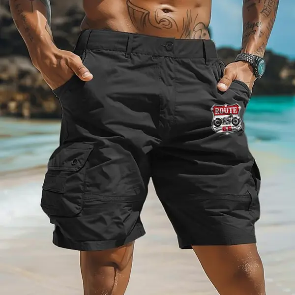 Men's Vintage Route 66 Motorcycle Trip Print Multi-Pocket Black Cargo Shorts - Cotosen.com 