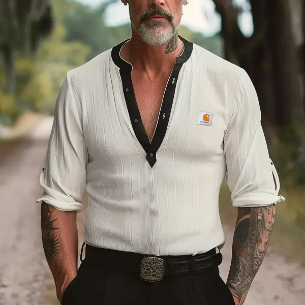Men's Vintage Elegant White Striped Henley Shirt With Tattooed Sleeves - Wayrates.com 
