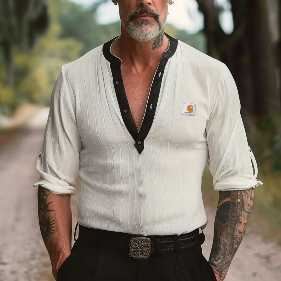 

Men's Vintage Elegant White Striped Henley Shirt With Tattooed Sleeves