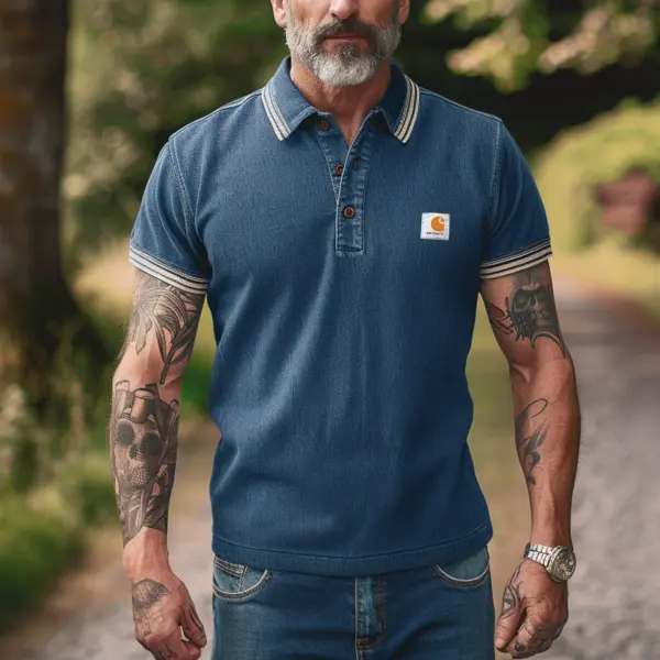 Men's Vintage Denim Classic Blue Polo Shirt With Sleeve Tattoos - Wayrates.com 