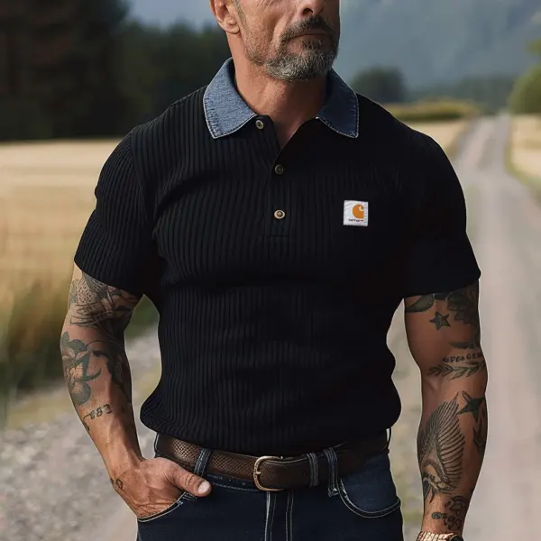 Men's Vintage Classic Black Polo Shirt With Denim Collar - Wayrates.com 