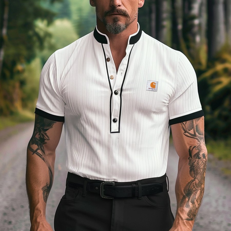 

Men's Vintage White Polo Shirt With Black Trim And Short-sleeve Tattoos