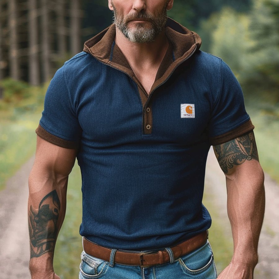 

Men's Vintage Blue Polo Shirt With Brown Trim For Outdoor Adventures