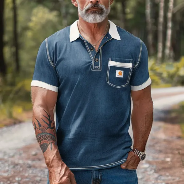 Men's Vintage Classic Denim Polo Shirt With Contrast Trim - Wayrates.com 