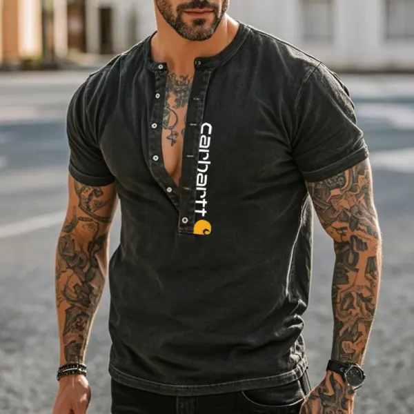 Men's Vintage Graphic Prints Henley T-Shirt Black Streetwear - Wayrates.com 