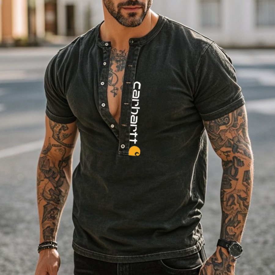 

Men's Vintage Graphic Prints Henley T-Shirt Black Streetwear