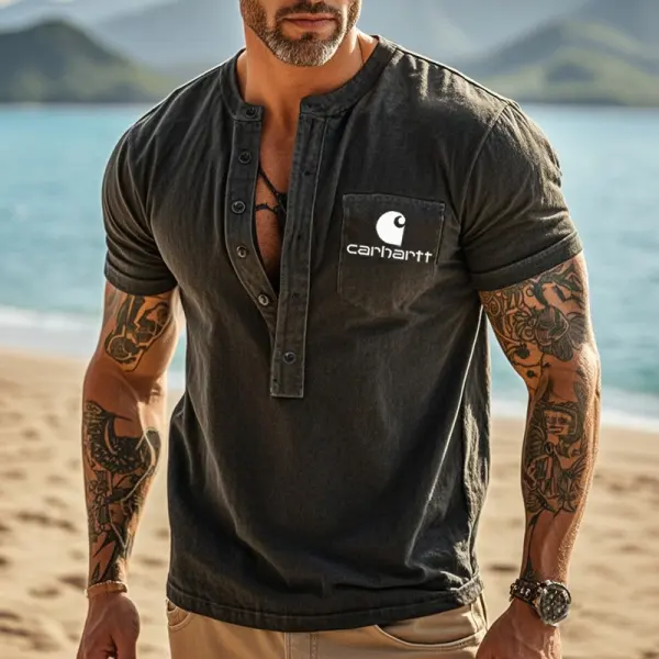 Men's Vintage Graphic Prints Washed Henley T-Shirt - Wayrates.com 
