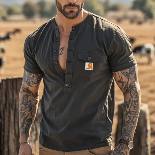 Men's Vintage Rugged Henley Shirt With Chest Pocket Label - Wayrates.com 