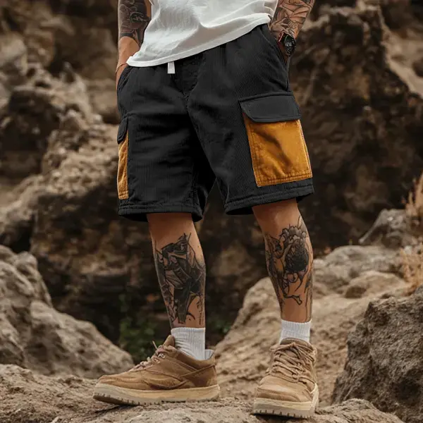 Men's Casual Corduroy Cargo Shorts With Contrast Patches - Wayrates.com 