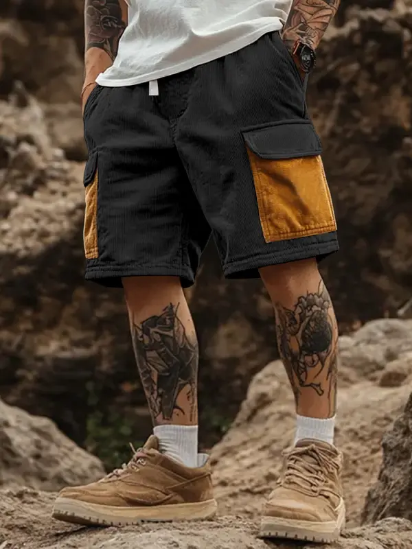 Men's Casual Corduroy Cargo Shorts With Contrast Patches - Pragmaace.com 