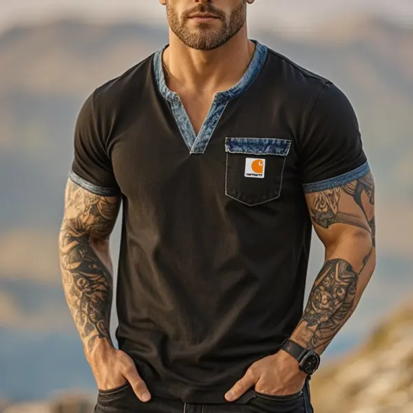 Carhartt Men's Stylish Henley V T-Shirt With Denim Pocket Details Black - Wayrates.com 