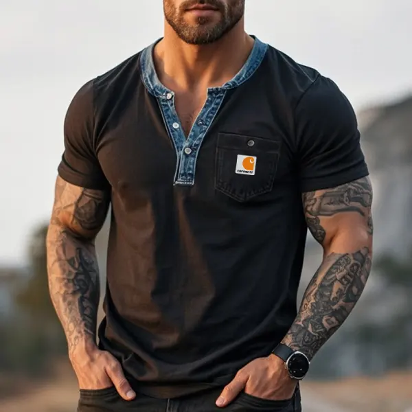 Carhartt Men's Vintage Washed Henley T-Shirt With Denim Collar Detail - Wayrates.com 