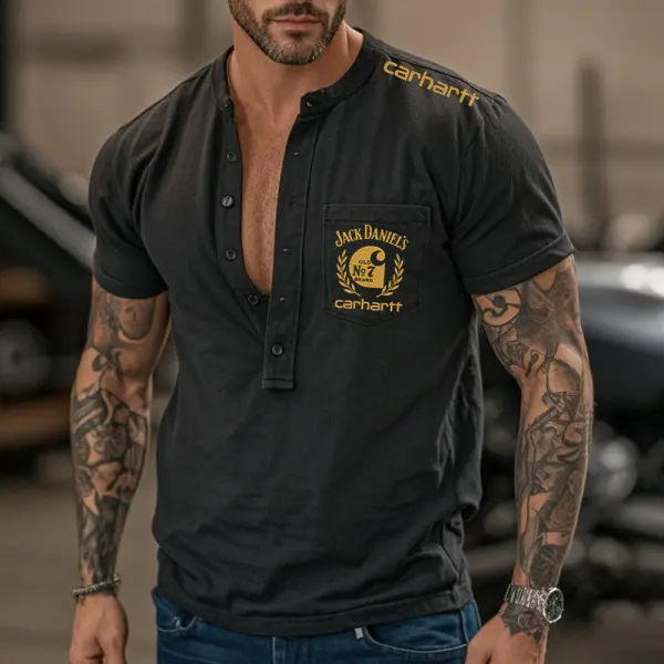 Men's Vintage Pocket Stylish Henley Graphic Print T Shirt - Wayrates.com 