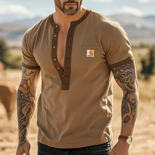 Men's Casual Color Block Henley T-Shirt In Khaki - Wayrates.com 