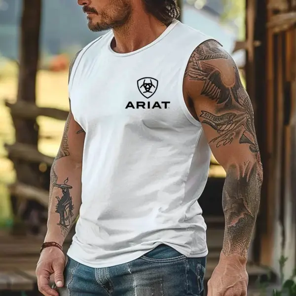Men's Vintage White Western Cowboy Rodeo Graphic Print Sleeveless Round Neck Muscle Tank Top - Wayrates.com 