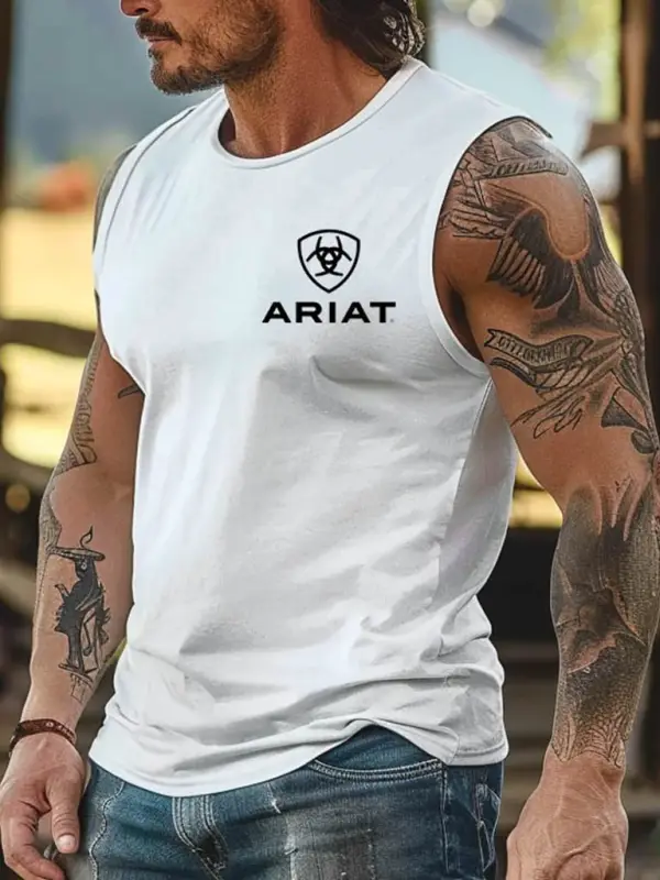 Ariat Men's Vintage Western Cowboy Rodeo Graphic Print White Sleeveless Muscle Tank Top - Wantbright.com 