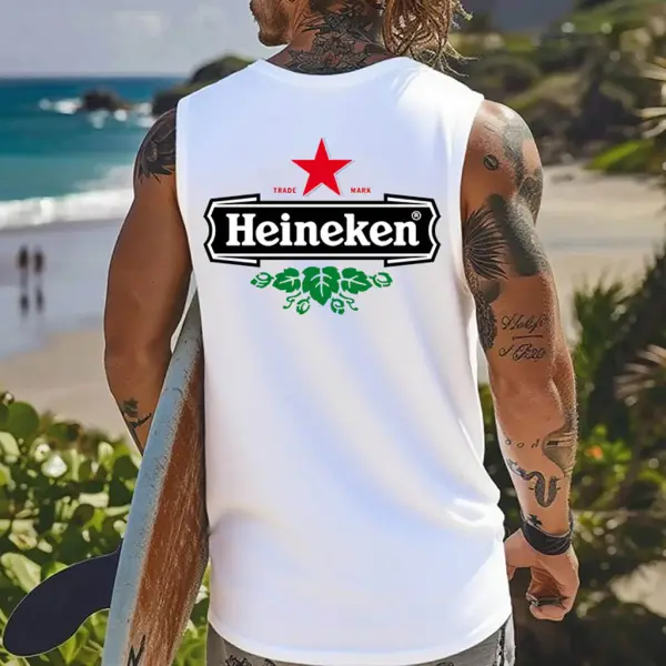 Men's Vintage Red Star Drinking Surfing Graphic Print Round Neck Sleeveless Muscle Tank Top - Wayrates.com 