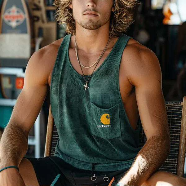 Men's Casual Tank Top With Chest Pocket And Cross Pendant Necklace - Wayrates.com 