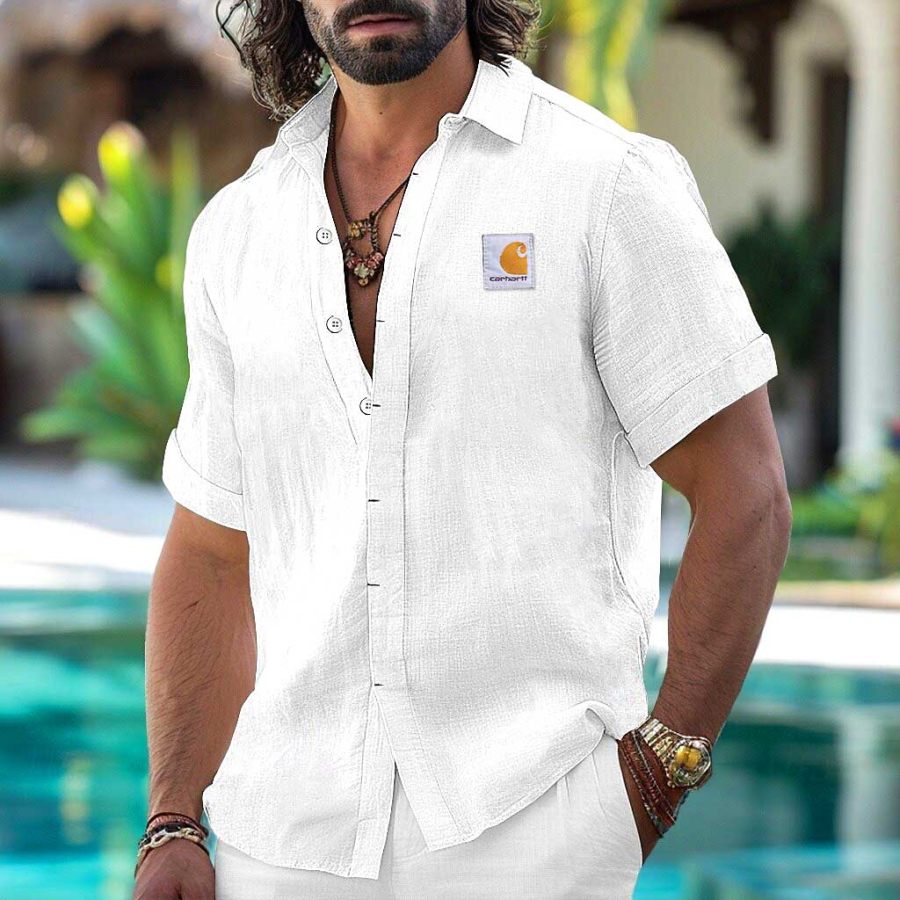 

Men's Vintage White Cotton Linen Surfing Beach Short Sleeve Lapel Shirt