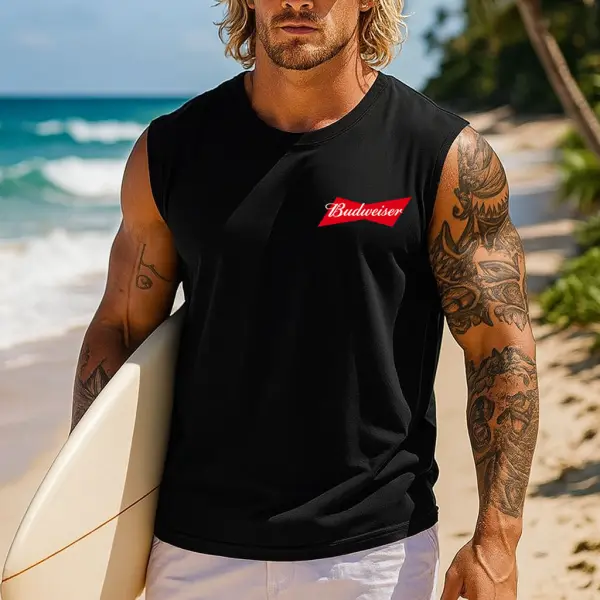 Men's Vintage Red Logo Surfing Rodeo Graphic Print Round Neck Sleeveless Muscle Tank Top - Wayrates.com 