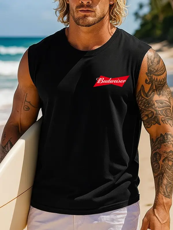 Men's Vintage Red Logo Surfing Rodeo Graphic Print Round Neck Sleeveless Muscle Tank Top - Wantbright.com 
