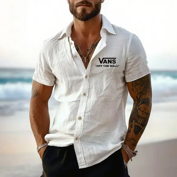 Vans Men's Surfing Cotton Linen Off The Wall Print Beach Lapel Short Sleeve Shirt - Wayrates.com 