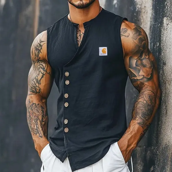 Men's Vintage Black Cotton Linen Surfing Button Beach Sleeveless Shirt - Wayrates.com 