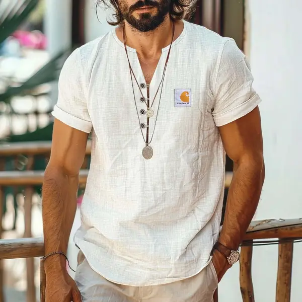 Men's Surfing Cotton And Linen Print Beach Short Sleeve Henley Shirt - Wayrates.com 