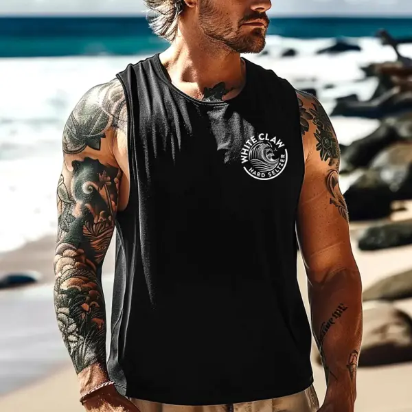Men's Vintage White Hard Seltzer Rodeo Surfing Graphic Print Round Neck Sleeveless Muscle Tank Top - Wayrates.com 