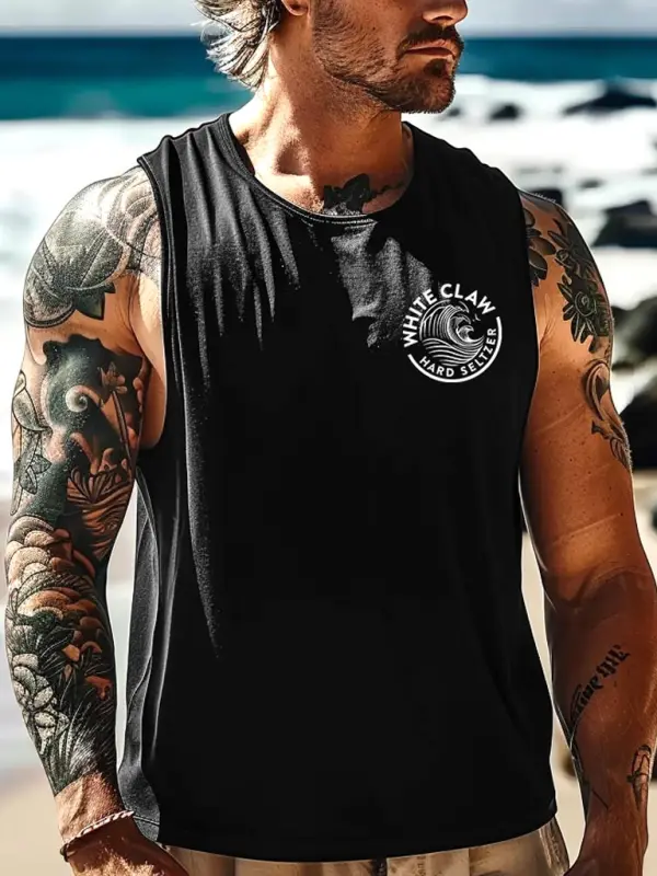 Men's Vintage White Hard Seltzer Rodeo Surfing Graphic Print Round Neck Sleeveless Muscle Tank Top - Wantbright.com 